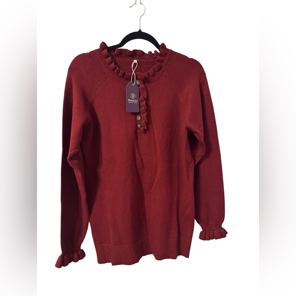 Elegant Ruffle Trim Sweater in Rich Red
